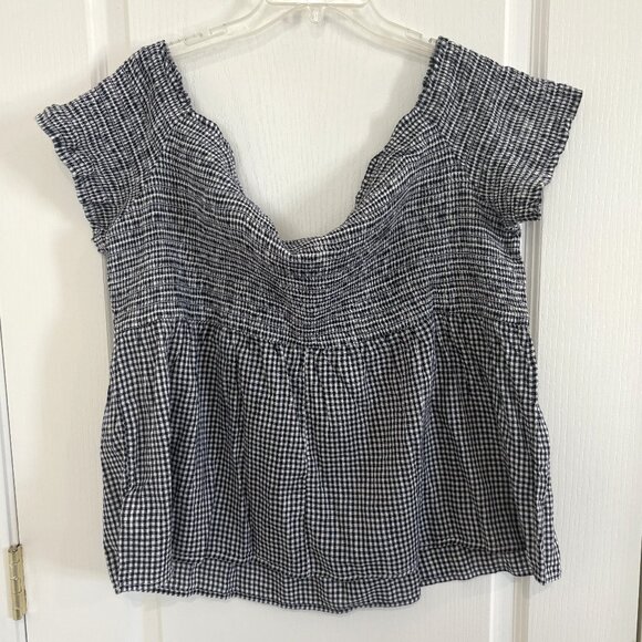 Old Navy Button Off The Shoulder Smocked Blouse Peasant Top Blue Plaid Size XXL - Picture 5 of 7